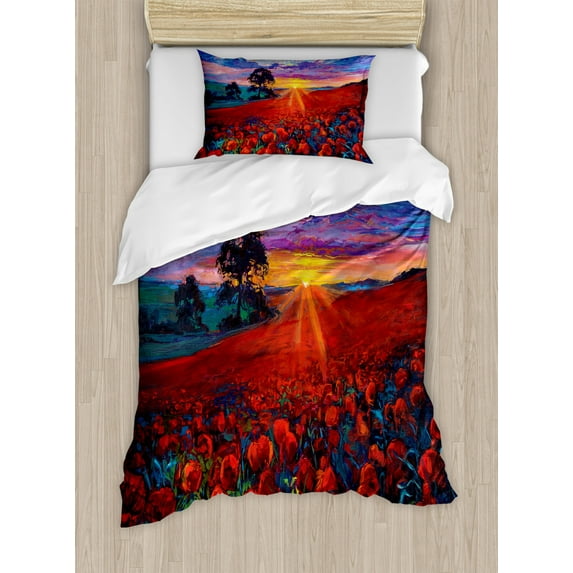 Country Duvet Cover Set Twin Size, Scenery of Poppy Flower Garden on Valley with Horizon and Fairy Clouds at Sunset Paint, Decorative 2 Piece Bedding Set with 1 Pillow Sham, Multi, by Ambesonne