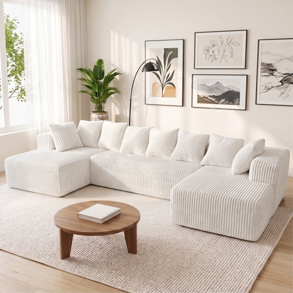 SEENYOO 130" Boneless Couch, Modern Couches for Living Room, U-Shaped 4-Seat Modular Sofa with Chaise, Oversized, No Assembly, White