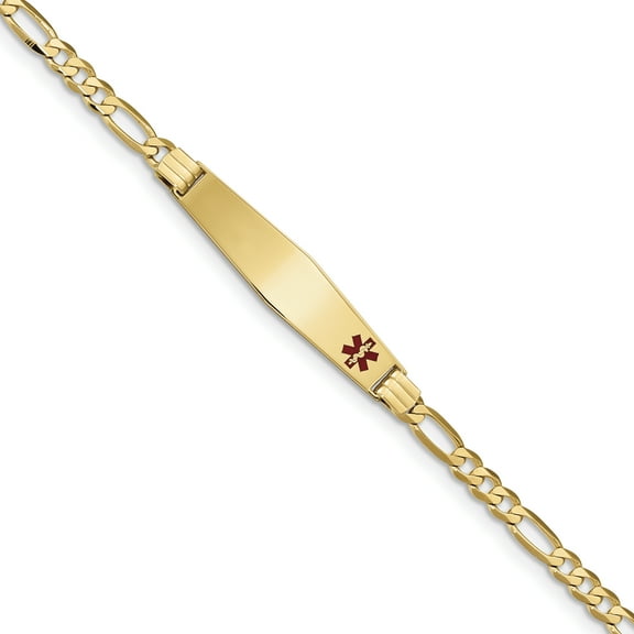 14K Yellow Gold Medical Soft Diamond Shape Red Enamel Figaro ID Bracelet
