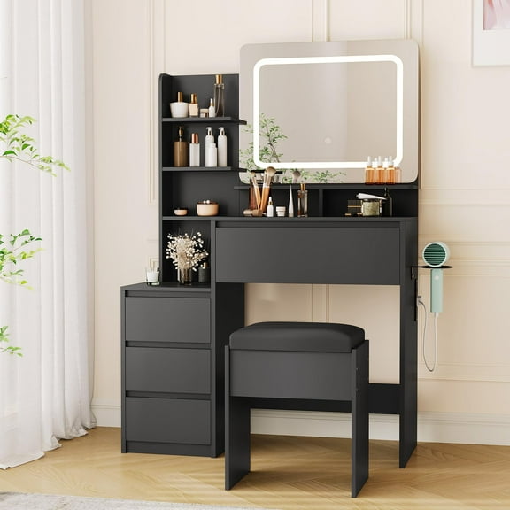Ataucjin Vanity Desk with Lights,36-Inch Makeup Vanity with 4 Large Drawers Dresser,3 Lighting Modes,Stool & Charging Station,Dressing Table Set Modern Vanity Table for Bedroom,Women