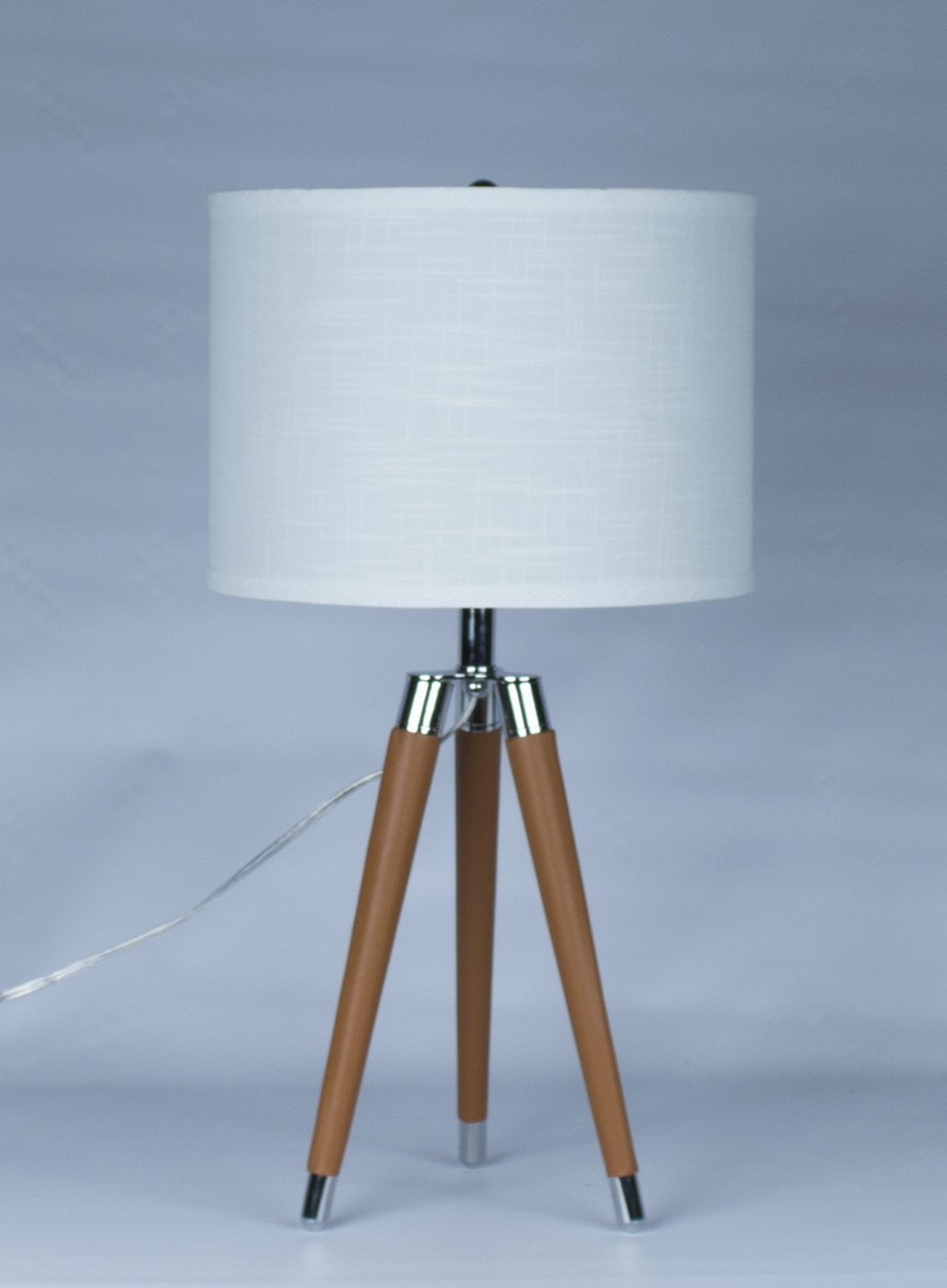 Wood & Chrome Modern Tripod Table Lamp White Finish with Shades & LED Light Bulb 