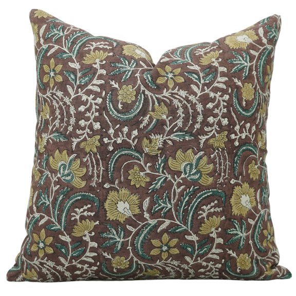 Fabdivine Floral Block Print "Kundanvan" Boho Decorative "Pure Linen" Throw Pillow Cover, Handblock Printed Cushion Cover for Sofa , 12"X20", "Brown"