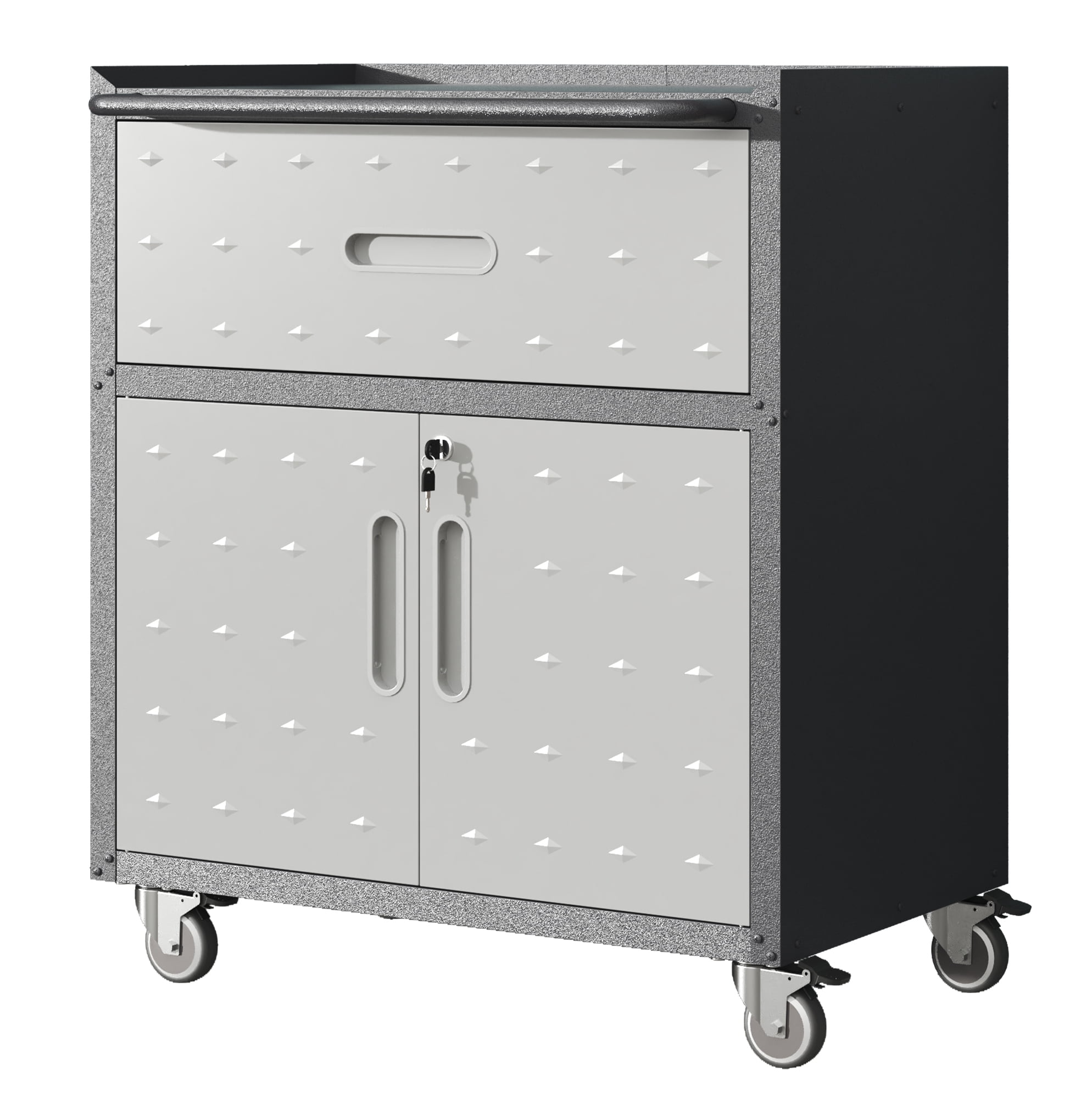 Sturdy and Durable Metal Tool Cabinet for Garage with Wheels, Mobile Heavy-Duty Storage Cabinet with 1 Drawer and 2 Locking Doors, Rolling Tool Storage Cabinet, Black and Gray