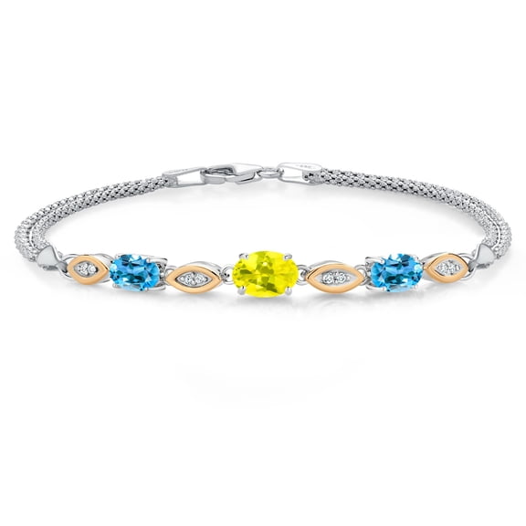 925 Silver and 10K Yellow Gold Canary Mystic Topaz and Swiss Blue Topaz and White Lab Grown Diamond Bracelet for Women (1.96 Cttw, Gemstone November Birthstone, Oval, Wheat Chain, 7.5 inches)
