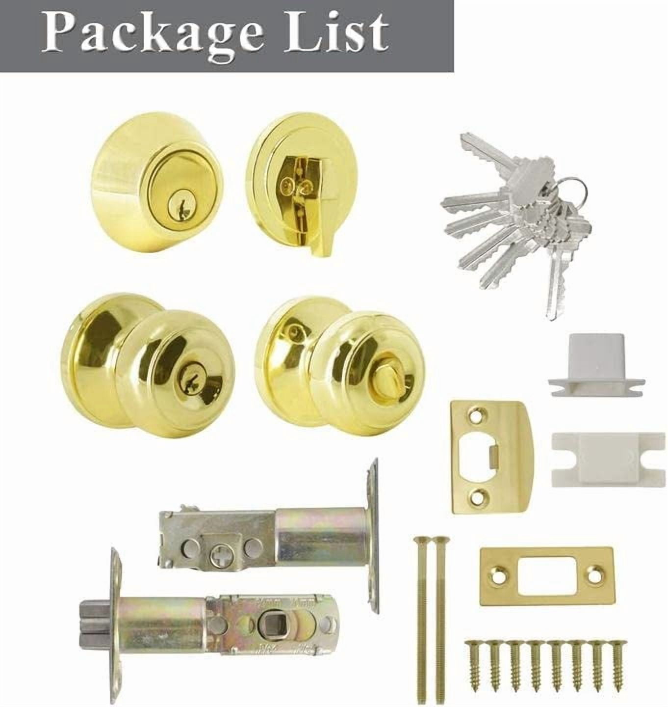 6 Pack Round Ball Entry Door Knobs and Single Cylinder Deadbolt Combo Sets for Exterior Door, Polished Brass, Keyed Alike