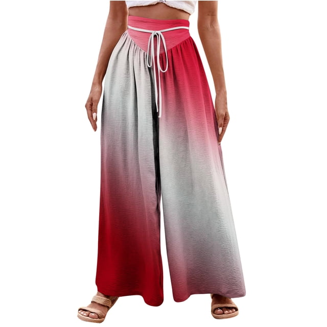ameIAEA Women's Palazzo Pants High Waisted Wide Leg Print Pants Drawstring Beach Long Trousers