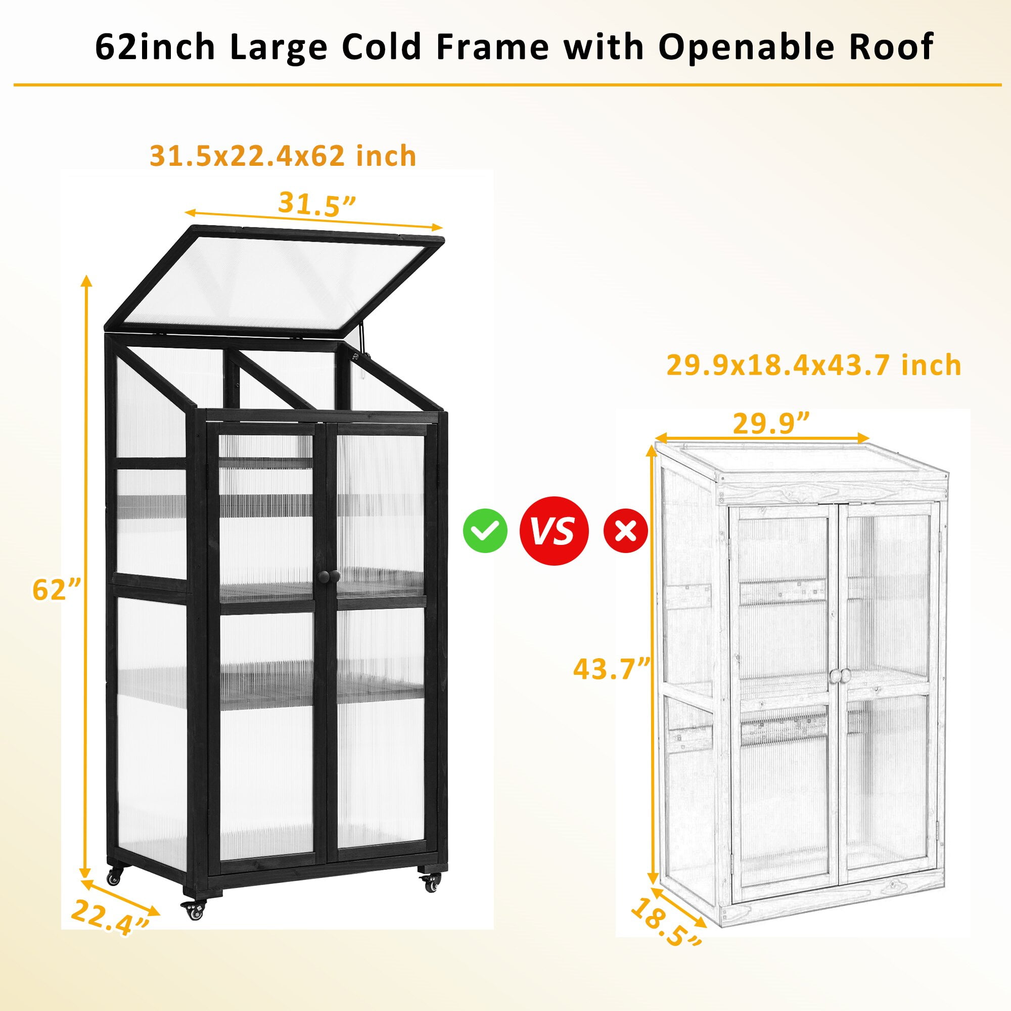 Yoneston 62inch Height Wood Large Greenhouse Balcony Portable Cold Frame with Wheels and Adjustable Shelves Plants House for Outdoor Indoor Use, Black