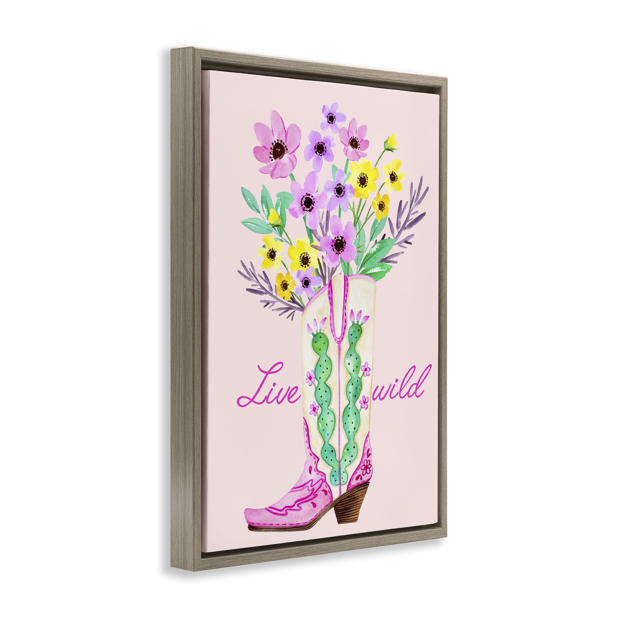 Stupell Industries Live Wild Cowgirl Boot Botanical & Floral Painting Brown Floater Framed Art Print Wall Art, 21 x 31