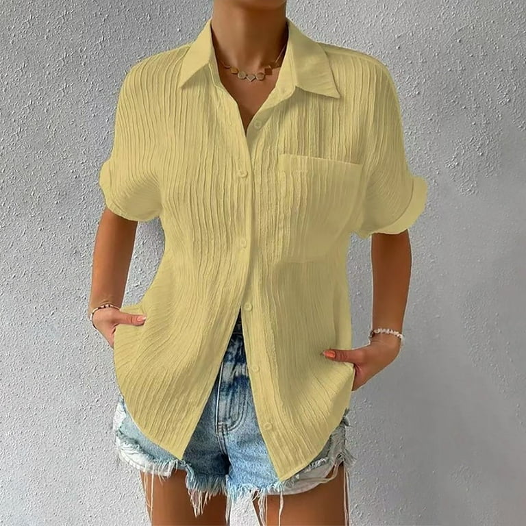 Women Solid Button Down Turn Down Collar Crop Shirt Long Sleeve