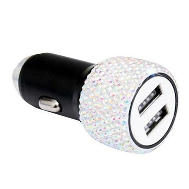 Chargeur de Voiture, Double Port USB Charge Rapide, Design Marteau de Sécurité pour Aider à Casser les Fenêtres en Cas d'Urgence avec Strass Bling, Chargeur Multi-Appareils