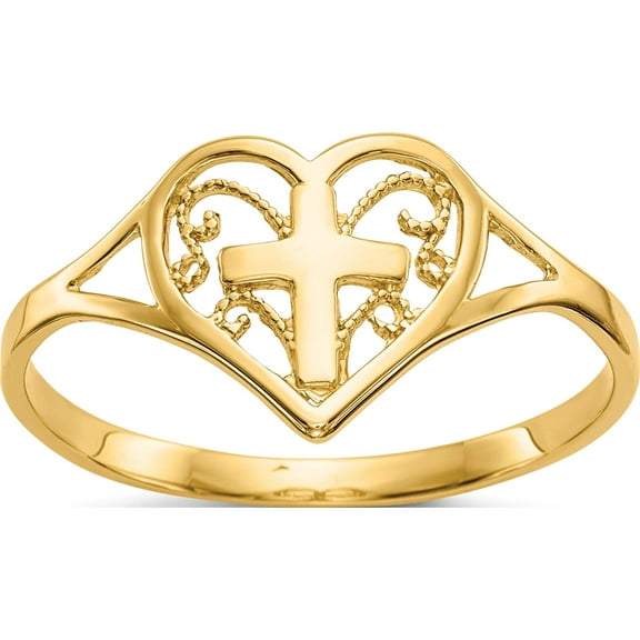 14K Yellow Gold Polished Heart With Cross Ring (Size 6.75) Made In Peru k5117