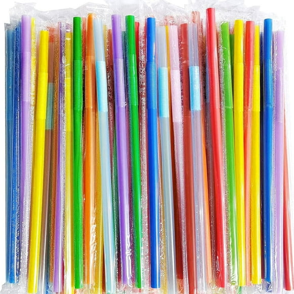 Plastic Straws, 100 Pcs Straws Individually Wrapped, Colorful Flexible Bendy for Drinks, 10" x 0.23"