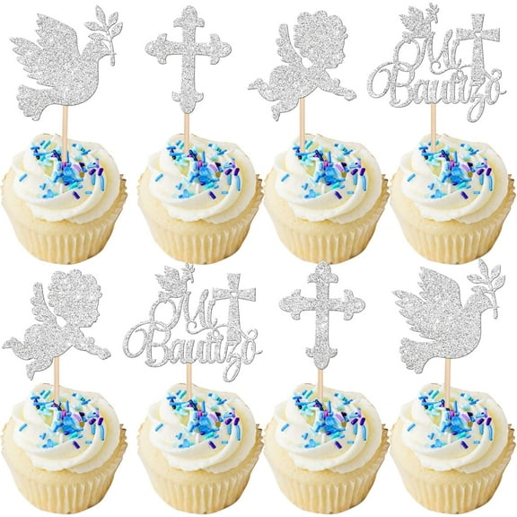 10pcs Spanish Mi Bautizo Cupcake Toppers Cross Angel Dove Baptism Cupcake Picks Decorations for Religious God Bless Baby Shower Birthday Baptism Party Cake Decorations Silver