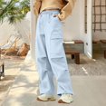 thumbnail image 2 of Women's Water Resistant Hiking Pants, Fleece Lined Cargo Pants for Women, High Waisted Baggy Parachute Trousers, Wide Leg Climbing Pants with Multi Pockets for Winter Outdoor and Street Light Blue, 2 of 4