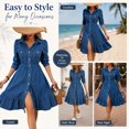 thumbnail image 5 of Women's Flowy Jean Dress, Vacation Lapel Long Puff Sleeve Button Down A-Line Swing Ruffle Denim Dress, 5 of 6