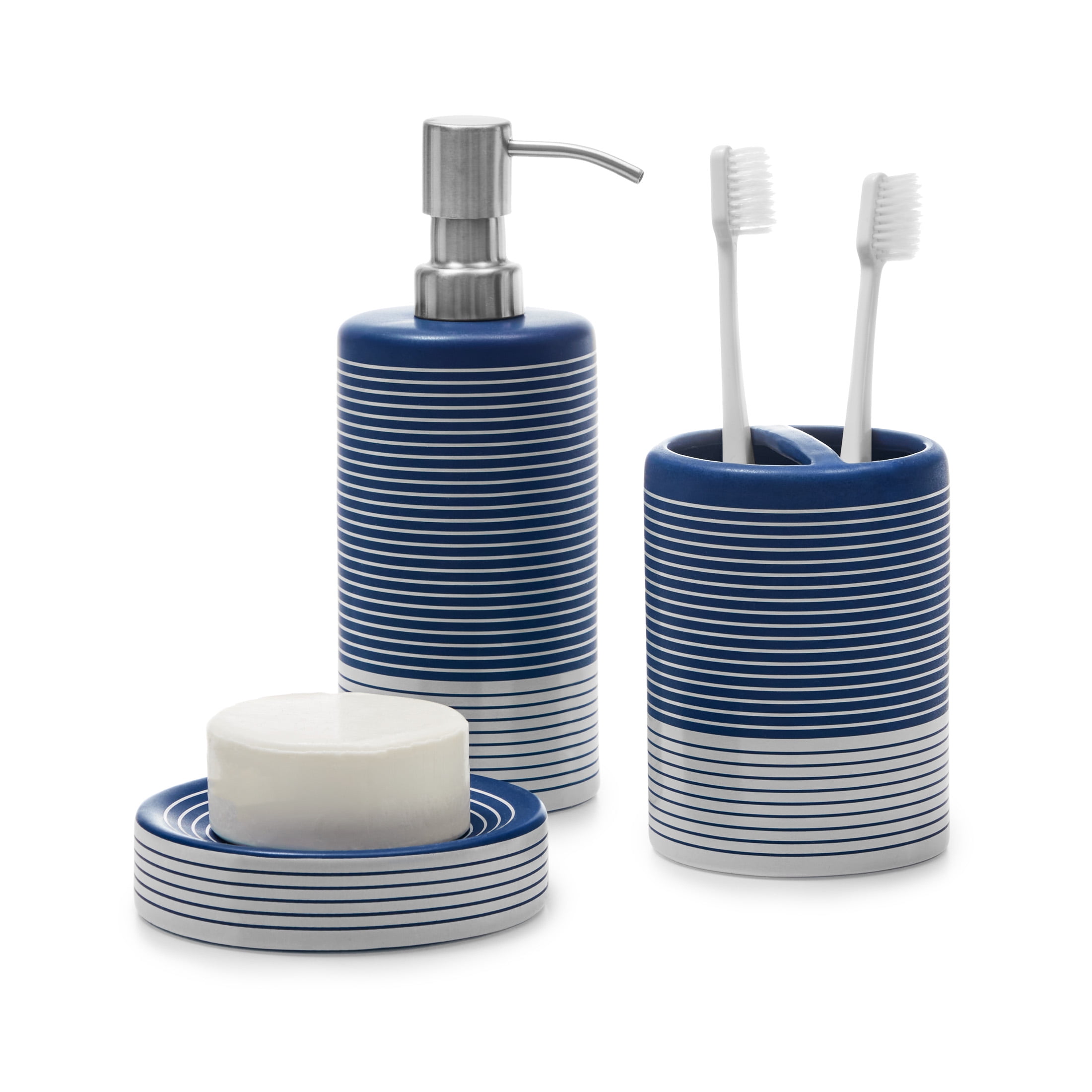 SET OF 4 Round Ceramic Bathroom Accessories Soap Dispenser Toothbrush Set Holder 