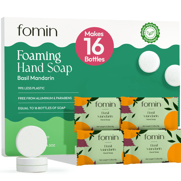 FOMIN Foaming Hand Soap Refills (16 Pack) - Basil Mandarin Foaming Hand Soap Tablets - Skin Friendly Foam Soap Refill for Hand Wash - Makes 128 fl oz (16 x 8 fl oz)