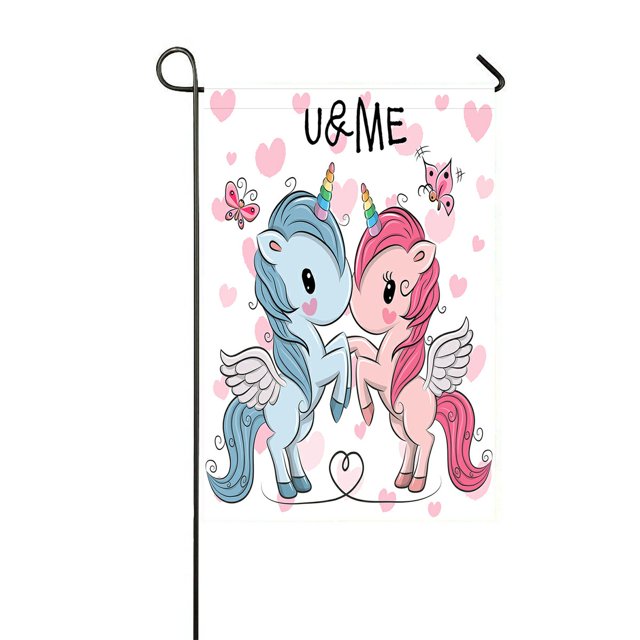 ABPHQTO Dos lindos unicornios en un hogar de corazones al aire libre jardín bandera casa Banner 30x45 cm