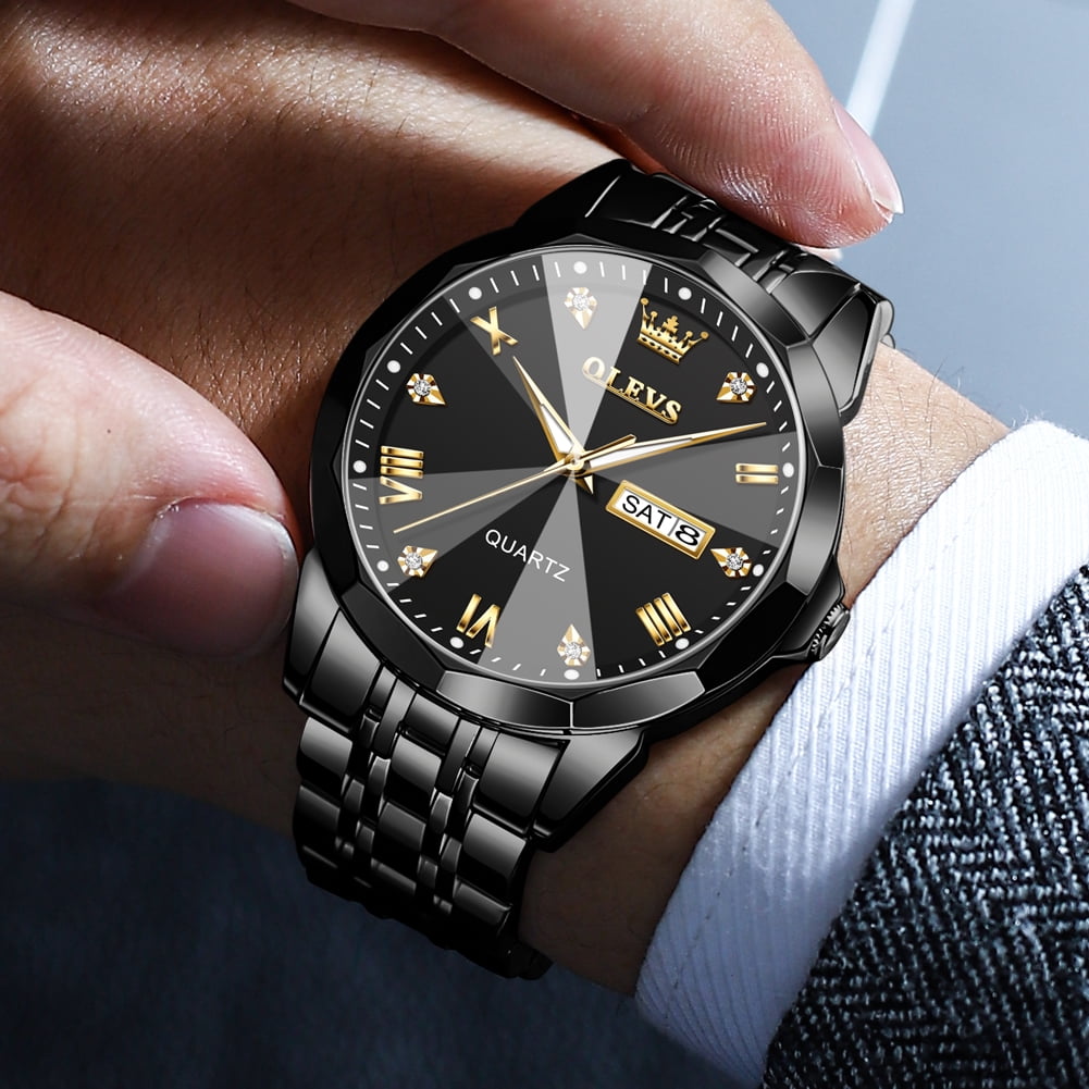 OLEVS Watch for Men Diamond Business Dress Analog Quartz Stainless Steel Waterproof Luminous Date Luxury Casual Wrist Watch Black Dial