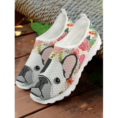 Cute Cartoon Bulldog Print Summer Comfortable Breathable Loafers Hibiscus-print Mesh Shoes Zapatos Planos De Mujer