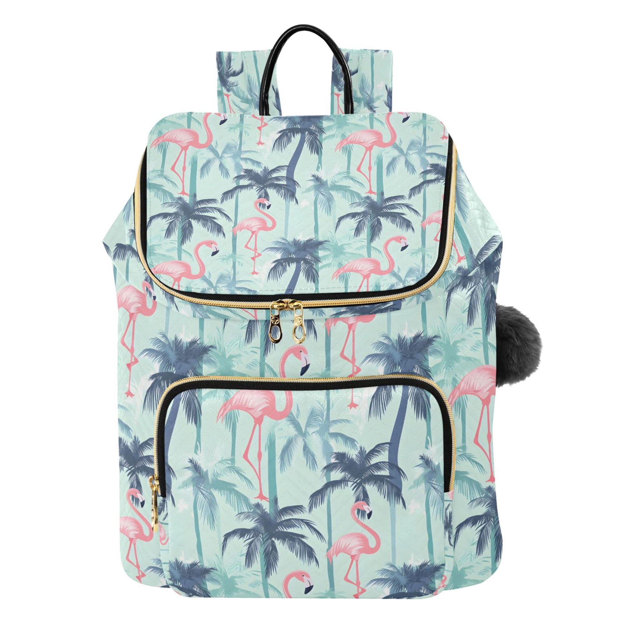 DIXRUYEE Flamingo Palm Tree Printed Quilted 14 Inch Laptop Backpack Multi-Pocket Lightweight Daypack with Pom Pom Charm
