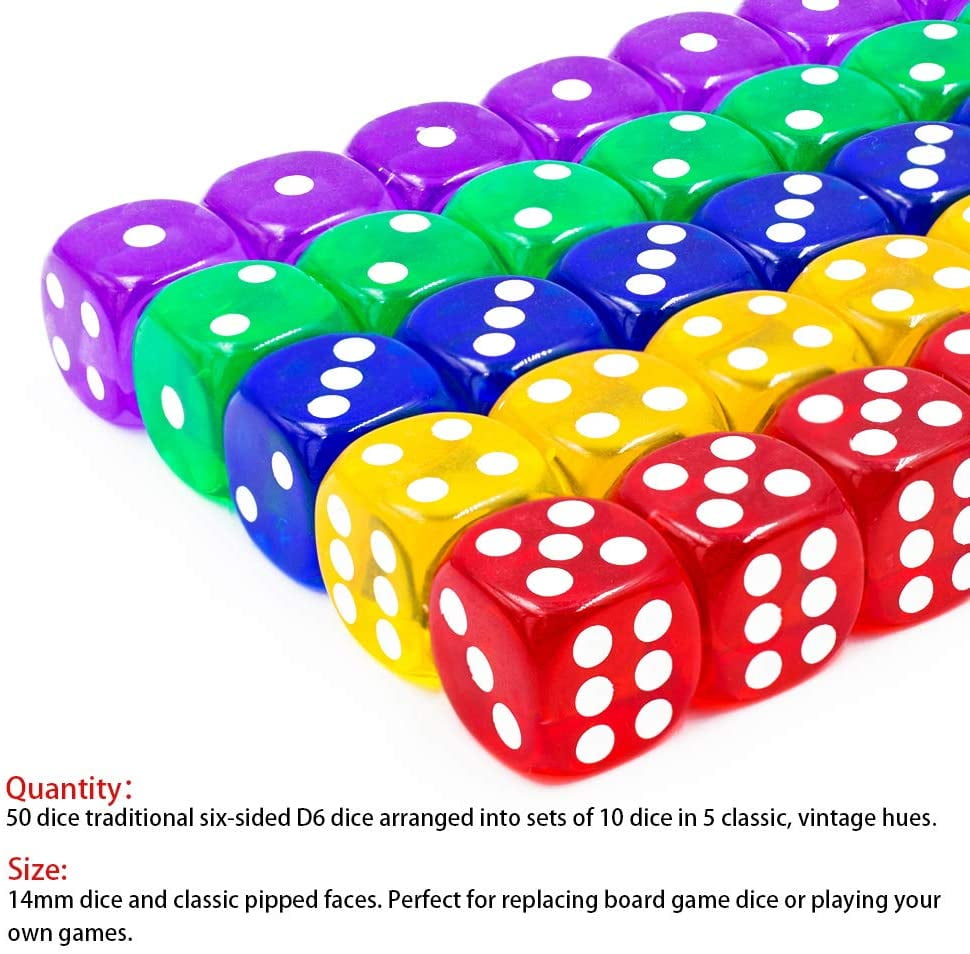 14 mm Round Corner Dice for Playing Games Like Board Games 100 Pack Math Games 100 Pieces Translucent Colors 6-Sided Games Dice Set Party Favors Dice Games Toy Gifts or Teaching Kids Math