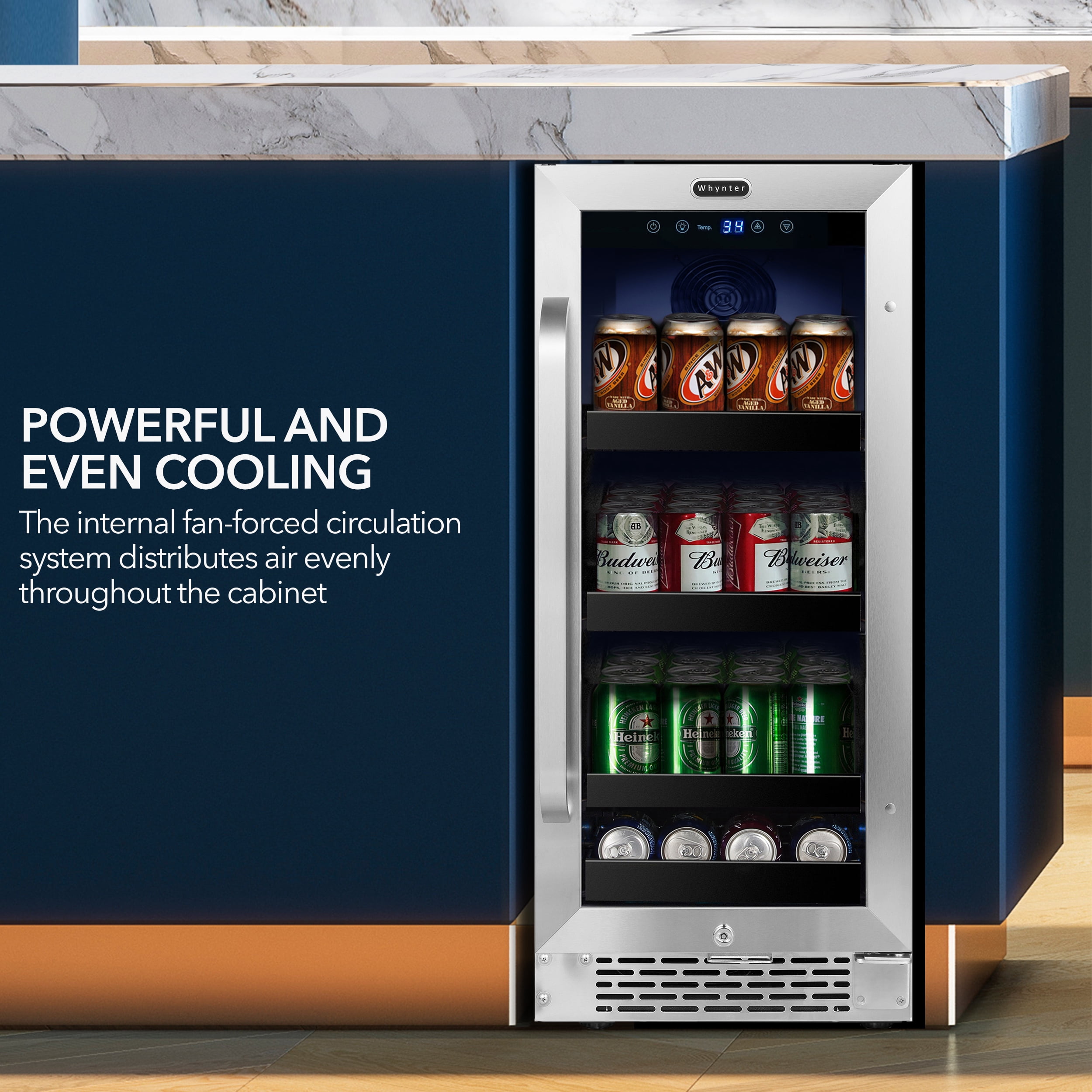 Whynter BBR-838SB 15 Inch Built-In 80-Can Beverage Refrigerator, Reversible Glass Door, Lock, Carbon Filter