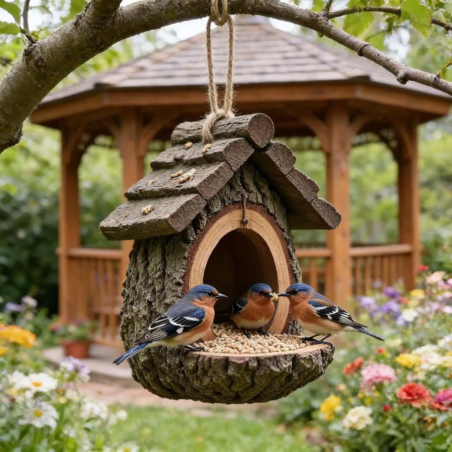 Vintage Treehouse Shape Bird Feeder, Bird Feeders for Outdoors, Waterproof Resin Tree-Mounted Sculpture, HummingbirdViewing Feeding (1PC