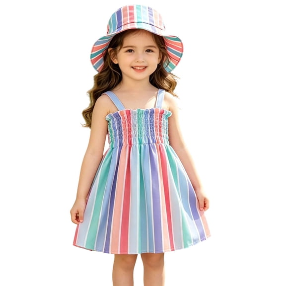 Auroural Girls Summer Dress And Hat Sets Toddler Kids Girls Stripe Print Sundress Cute Sleeveless Dress And Hat Set