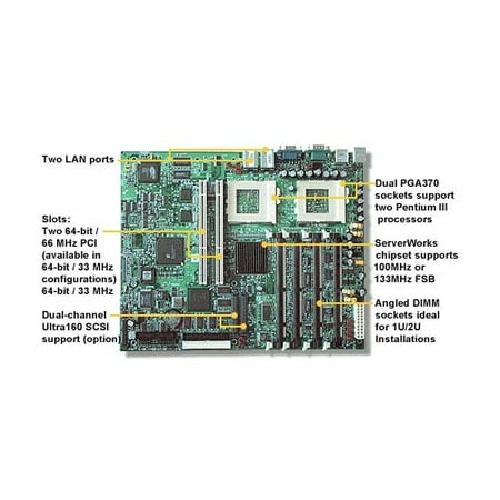 Refurbished-TyanThunder LE S2510NGDual socket 370 motherboard. ServerWorks ServerSet III LE chipset, FSB100/133 MHz, 4 DIMM sockets, 2 64bit PCI slots. On-Board video and Dual 10/100 LAN (Best Dual Socket Motherboard)