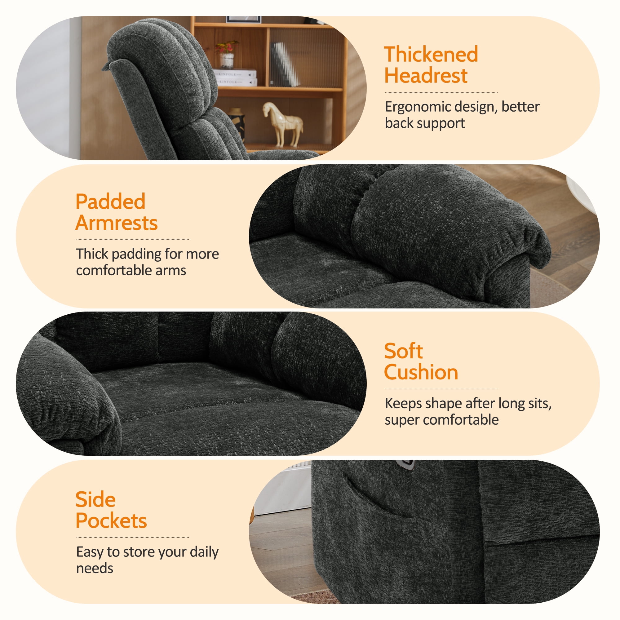 Korser Small Recliners for Small Spaces,Swivel Rocker Recliner Chair with Side Pockets for Living Room,Black