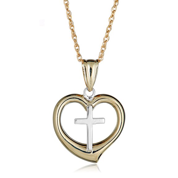 AVORA 10K Two-Tone Gold Cross and Heart Pendant Necklace with 18" Chain