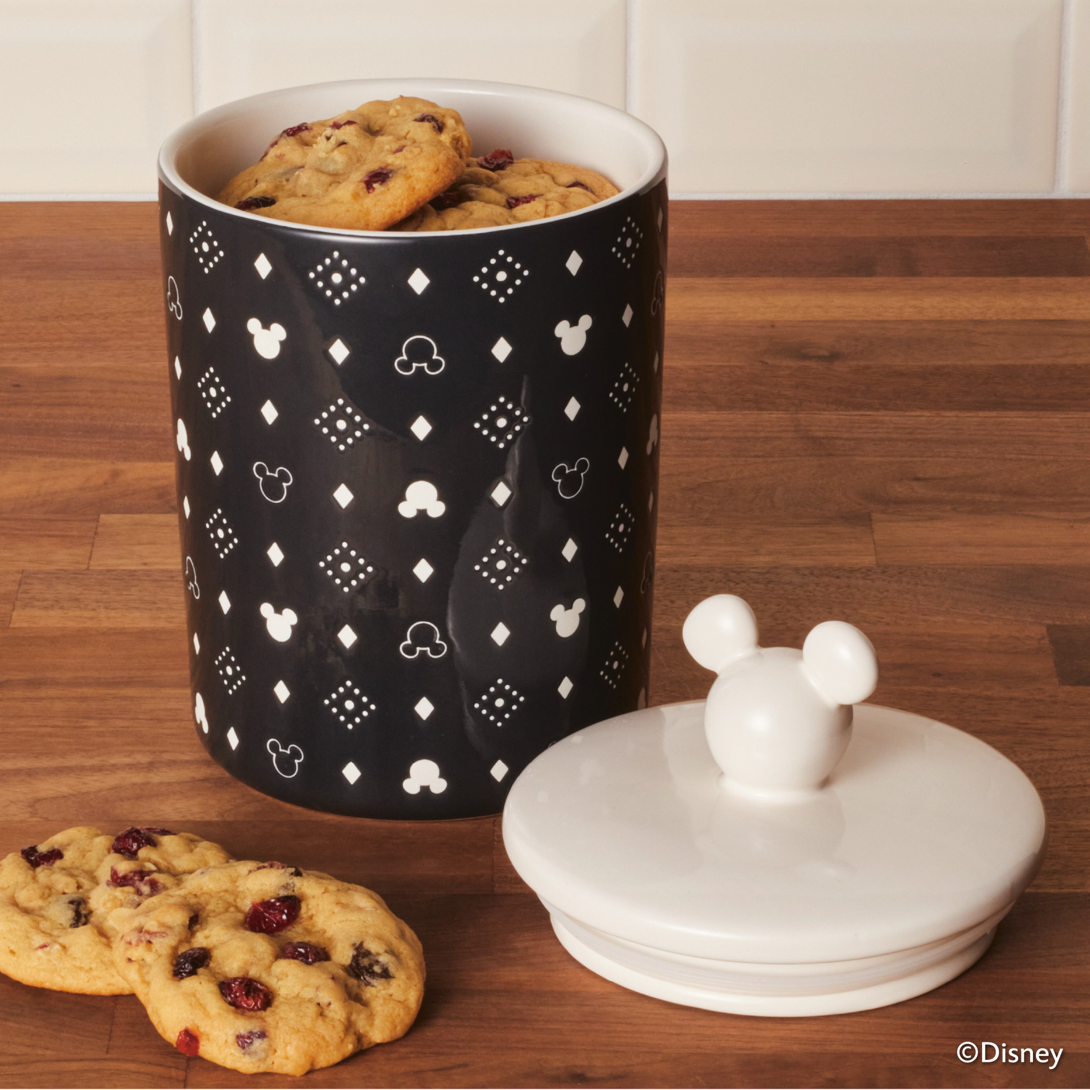 Disney Home Monochrome 7 Cup Large Ceramic Canister and Lid with a geometric pattern featuring Mickey’s iconic silhouette, Black