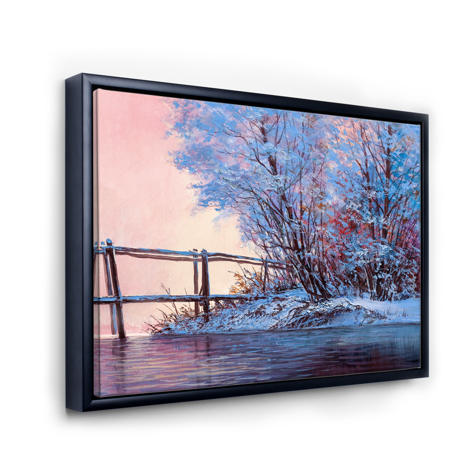 Bridge Of Meandering River With Winter Scenery I 20 in x 12 in Framed Painting Canvas Art Print, by Designart