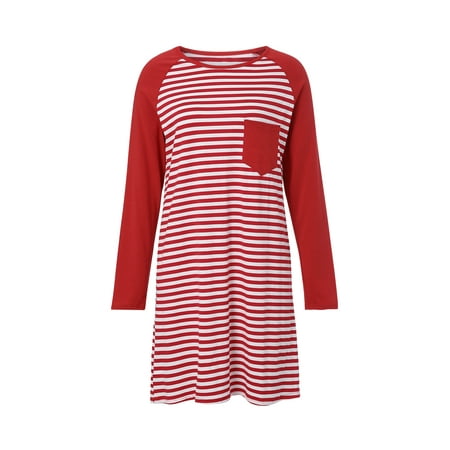 

Blotona Mommy and Me Matching Pajama Dress Long Sleeve Round Neck Striped Printed Dress Over Knee Family Sleepwear Clothes for Women Girls