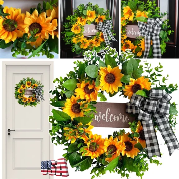 17 Inch Sunflower Wreath Flower Spring Summer Artificial Garland For Door Window