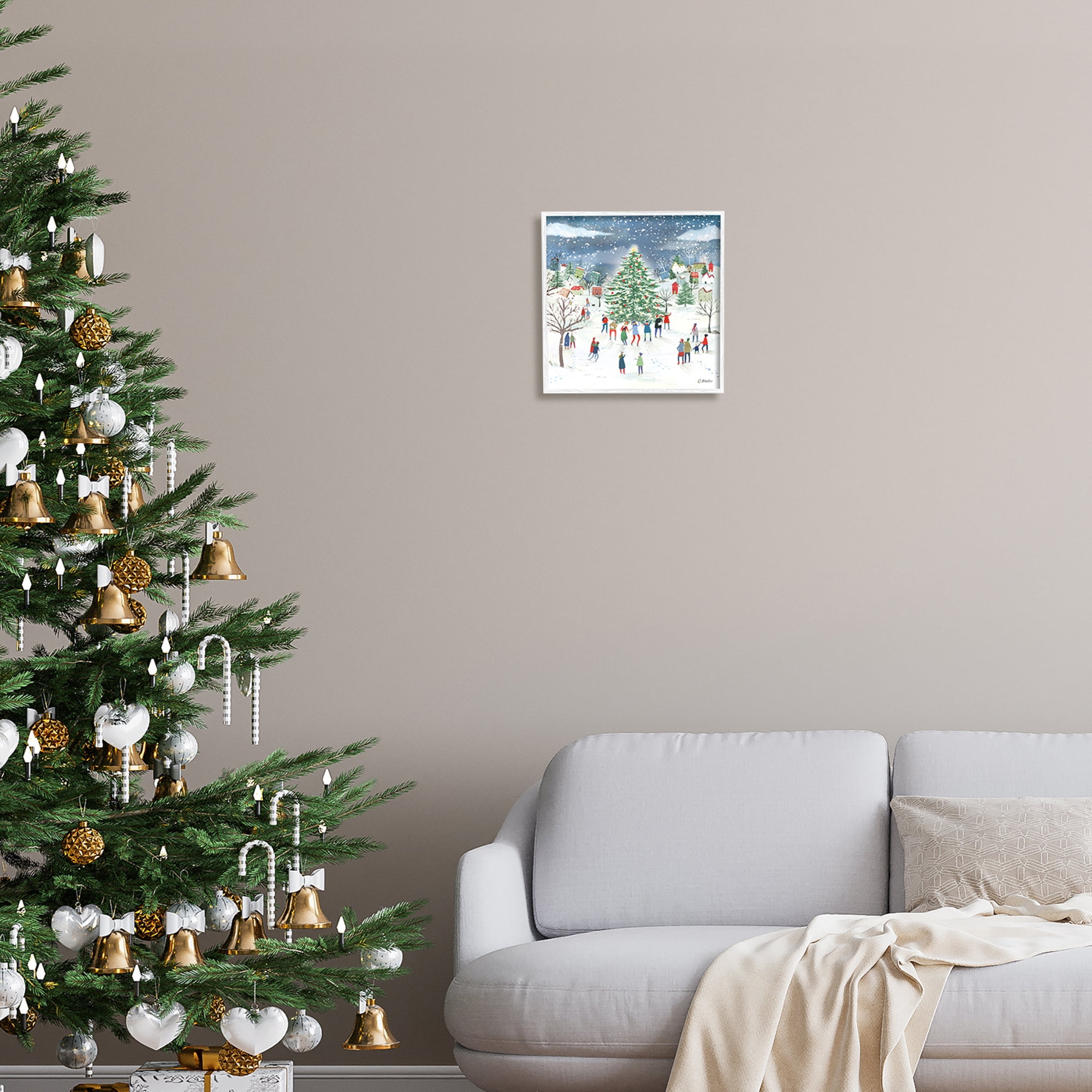 Stupell Industries Town Christmas Tree Celebration Holiday Painting White Framed Art Print Wall Art