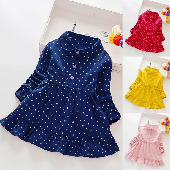 1-7T Kids Girl's Long Sleeve Peter Pan Collar Polka Dot Dress Christmas Party Casual Dresses