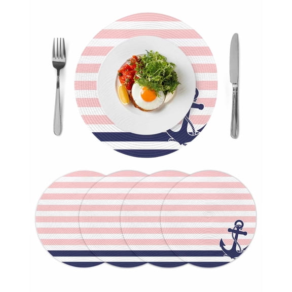 Anchor Pink Round 15 Inch Placemats Set of 4, Modern Navy Blue White Striped Nautical HeatResistant Non Slip Place Mats for Dining Table, Wipeable Braided Kitchen Table Mats for Housewarming