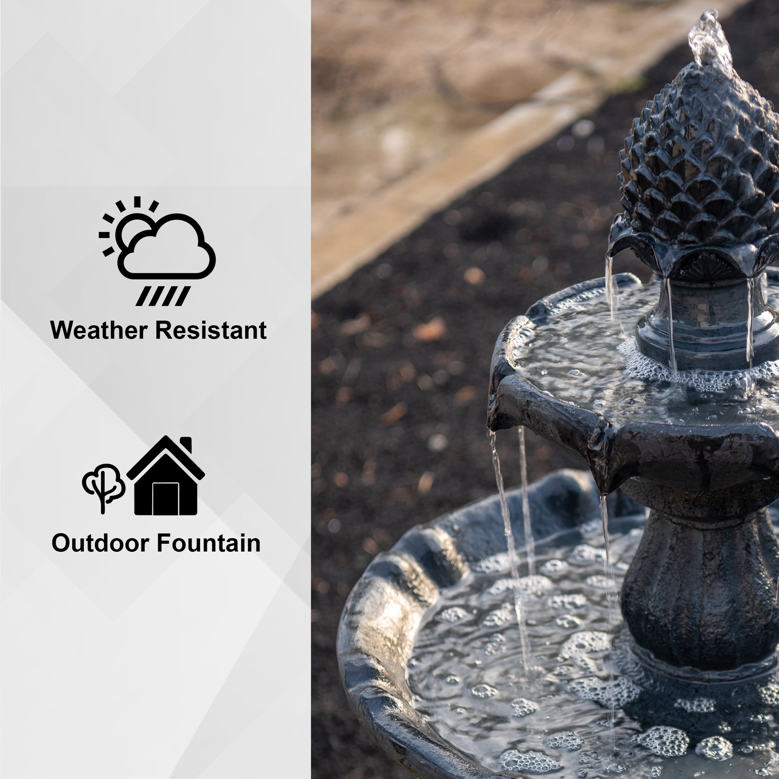 XBrand 44" H Black Fiberglass/Resin 2-Tier Solar Water Fountain w/ Solar Panel and Auto-Shut Off Pump, Solar Garden Fountain, Tall Outdoor Fountain, Two Tiered Birdbath Fountain