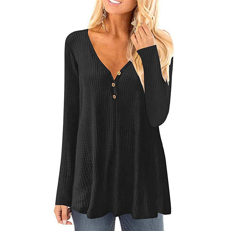 Adreamly Women Henley V Neck Waffle Knit Tops Long Sleeve Pocket Oversized Pullover Sweater Blouses 