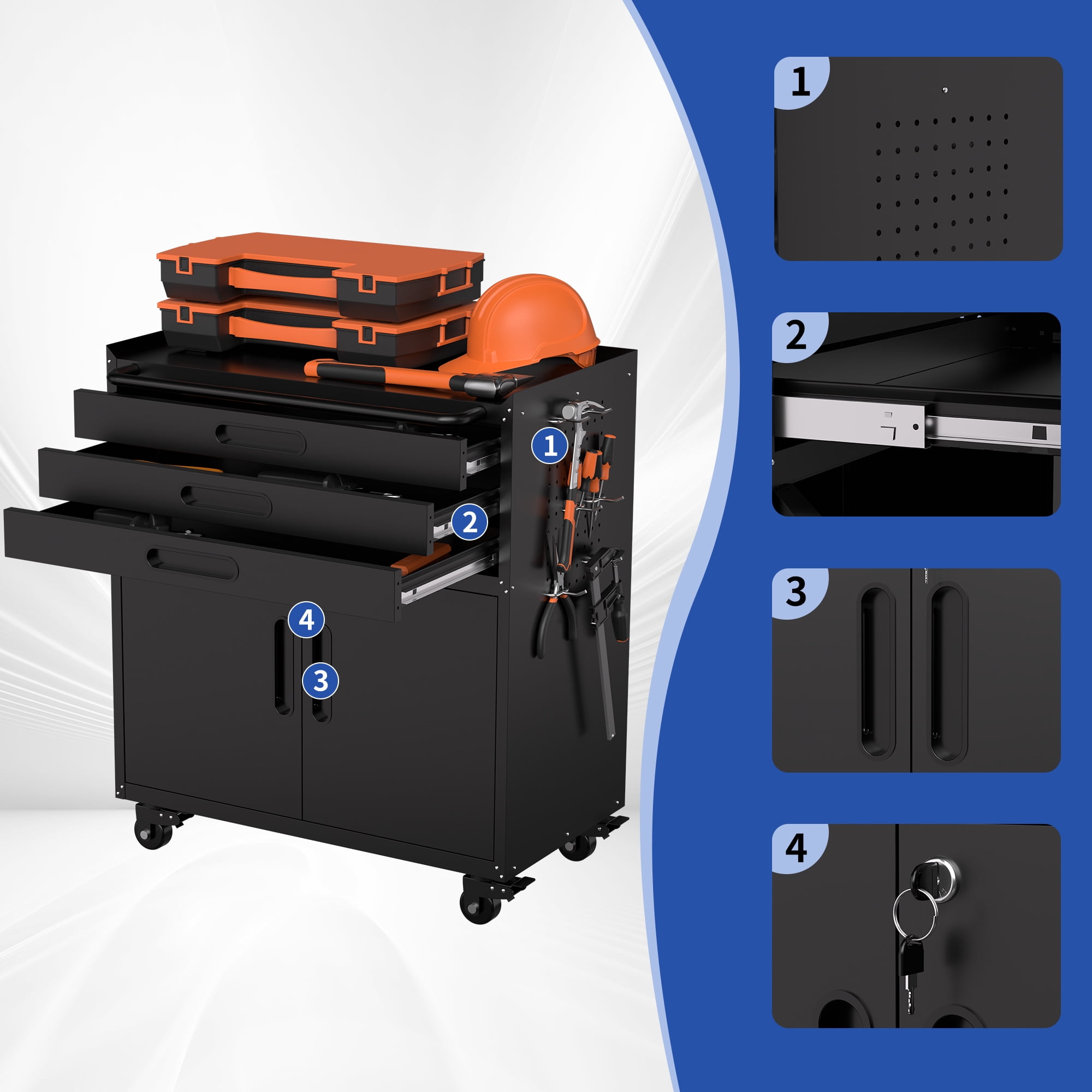 Rolling Metal Tool Cabinet – Heavy Duty Garage Storage with Lockable Doors & 3 Drawers, Mobile Workbench