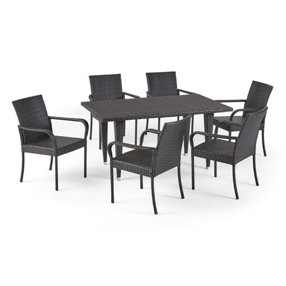 Noble House Luxington 7 Piece Outdoor Wicker Dining Set in Multibrown