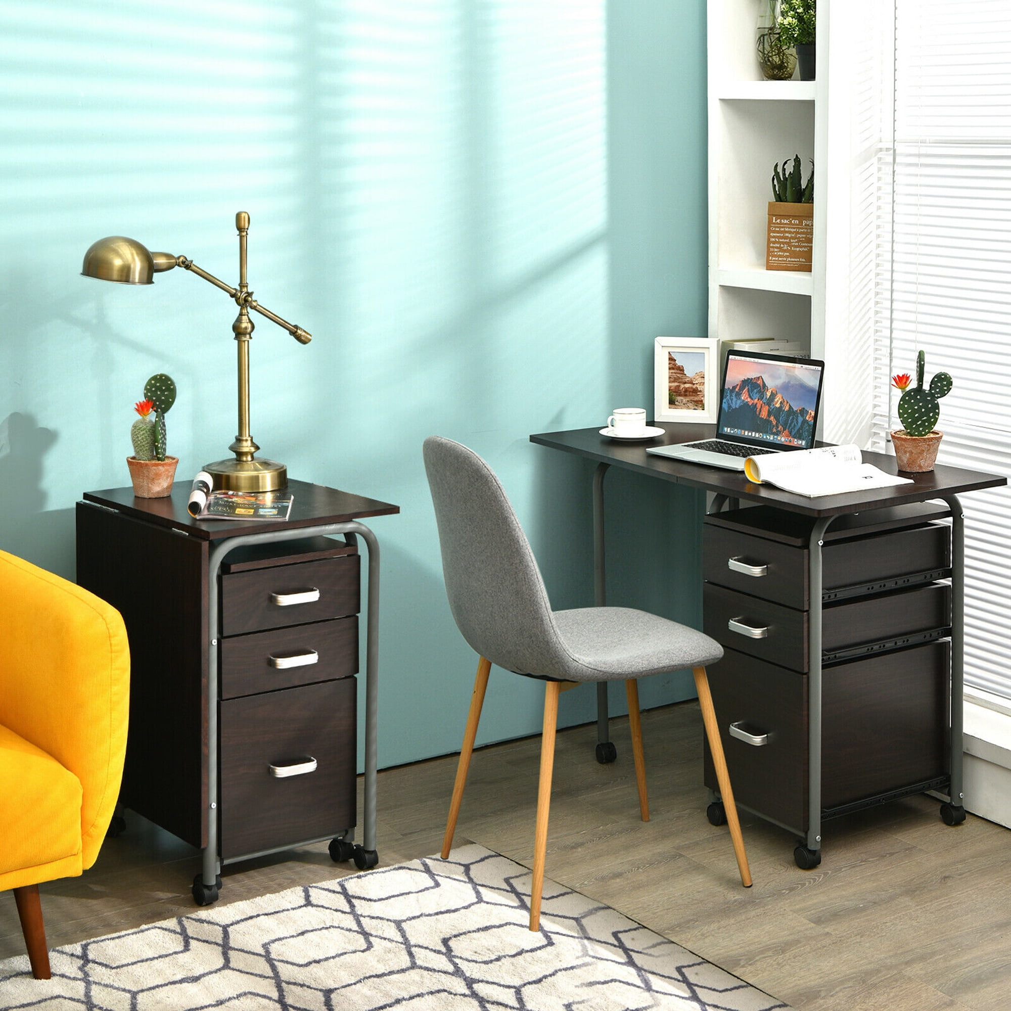 Gymax Folding Computer Laptop Desk Wheeled Home Office Furniture w/3 Drawers Brown