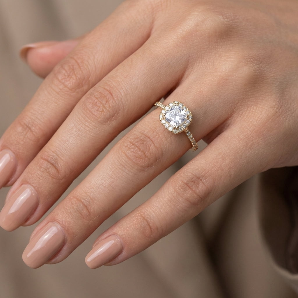 Vinali Solid 14K Yellow Gold Cushion Halo Engagement CZ Ring for Women Size 5