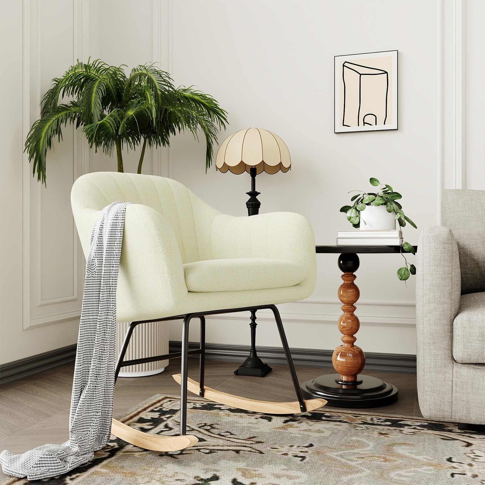 Upholstered Chenille Rocking Chair – Modern Wooden Rocker with Soft Linen Upholstery, Cozy Lounge Armchair for Living Room, Nursery, Bedroom – Perfect for Relaxing