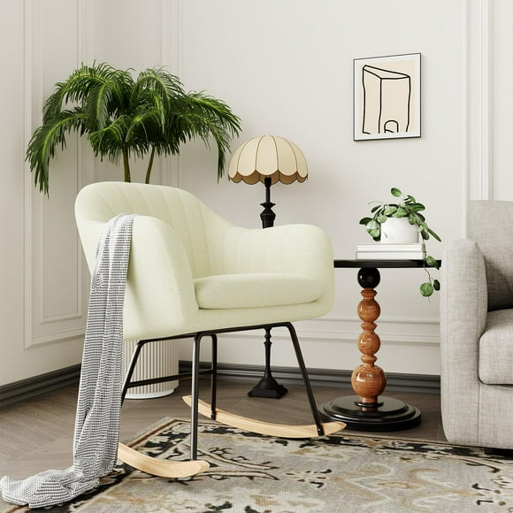 Upholstered Chenille Rocking Chair – Modern Wooden Rocker with Soft Linen Upholstery, Cozy Lounge Armchair for Living Room, Nursery, Bedroom – Perfect for Relaxing