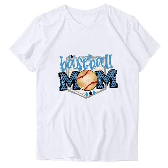 WREESH Casual Women's Round-Neck T-Shirt Baseball Mom Print Loose Short Sleeve Top White