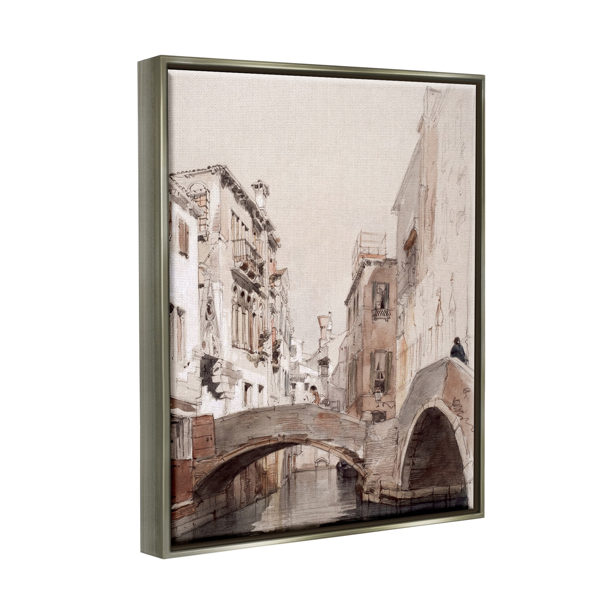 Stupell Industries Arched Bridge Over Canal Quaint Town Buildings Painting Luster Gray Floating Framed Canvas Print Wall Art, Design by Lettered and Lined