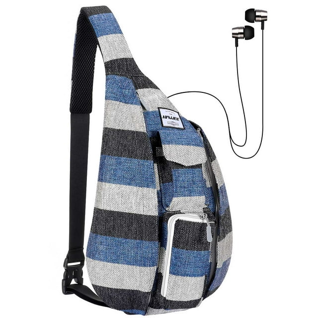 HAWEE Backpack for Women Hiking Backpack Chest Sling Bag Sports Travel Crossbody Daypack, Wide Stripes of Black/ Blue/Gray